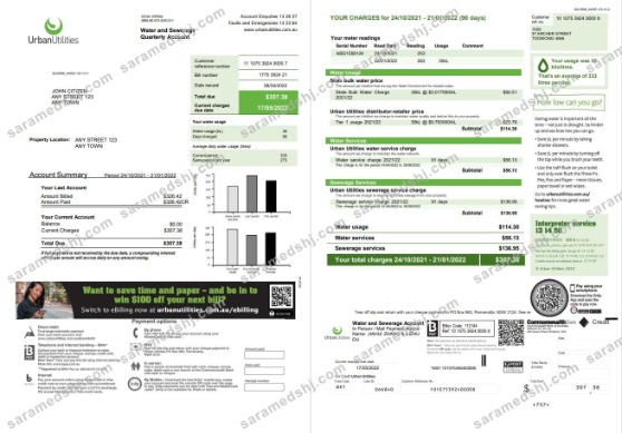 Australia Urban Utilities .doc and .pdf utility bill template